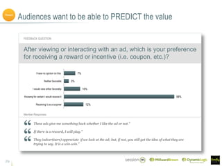 Audiences want to be able to PREDICT the value
29
Member Responses
Reward
FEEDBACK QUESTION
After viewing or interacting with an ad, which is your preference
for receiving a reward or incentive (i.e. coupon, etc.)?
12%
68%
10%
3%
7%
Receiving it as a surprise
Knowing for certain I would receive it
I would view either favorably
Neither favorable
I have no opinion on this
These ads give me something back whether I like the ad or not.”
If there is a reward, I will play.”
They (advertisers) appreciate if we look at the ad; but, if not, you still get the idea of what they are
trying to say. It is a win-win.”
 