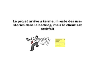 Le projet arrive à terme, il reste des user
stories dans le backlog, mais le client est
                 satisfait


                          ~~~~~~~~~~~~   8
                          ~~~~~~~~
                          ~~~~~~


                          ~~~~~          13
                          ~~~~~~~~
                          ~~~~~~~~~
 