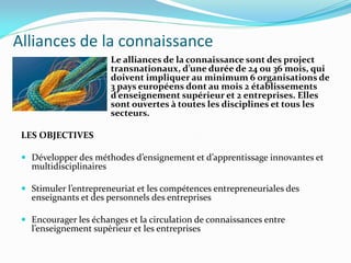 Alliances de la connaissance
Le alliances de la connaissance sont des project
transnationaux, d’une durée de 24 ou 36 mois, qui
doivent impliquer au minimum 6 organisations de
3 pays européens dont au mois 2 établissements
d’enseignement supérieur et 2 entreprises. Elles
sont ouvertes à toutes les disciplines et tous les
secteurs.
LES OBJECTIVES
 Développer des méthodes d’ensignement et d’apprentissage innovantes et
multidisciplinaires
 Stimuler l’entrepreneuriat et les compétences entrepreneuriales des
enseignants et des personnels des entreprises
 Encourager les échanges et la circulation de connaissances entre
l’enseignement supèrieur et les entreprises
 