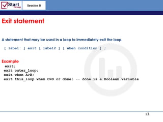 Session 8

                                                                 http://www.bized.co.uk


Exit statement

A statement that may be used in a loop to immediately exit the loop.

 [ label: ] exit [ label2 ] [ when condition ] ;


Example
 exit;
 exit outer_loop;
 exit when A>B;
 exit this_loop when C=D or done; -- done is a Boolean variable




                                                                                    13
                                                                       Copyright 2006 – Biz/ed
 