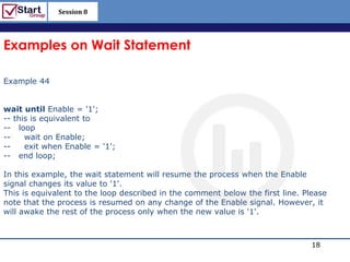 Session 8

                                                                http://www.bized.co.uk


Examples on Wait Statement

Example 44


wait until Enable = '1';
-- this is equivalent to
-- loop
--    wait on Enable;
--    exit when Enable = '1';
-- end loop;

In this example, the wait statement will resume the process when the Enable
signal changes its value to '1'.
This is equivalent to the loop described in the comment below the first line. Please
note that the process is resumed on any change of the Enable signal. However, it
will awake the rest of the process only when the new value is '1'.



                                                                                 18
                                                                    Copyright 2006 – Biz/ed
 