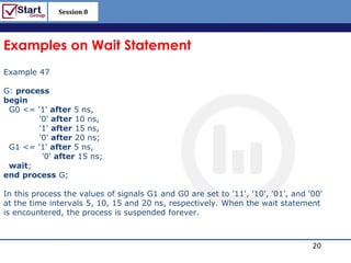 Session 8

                                                                  http://www.bized.co.uk


Examples on Wait Statement
Example 47

G: process
begin
 G0 <= '1' after 5 ns,
        '0' after 10 ns,
        '1' after 15 ns,
        '0' after 20 ns;
 G1 <= '1' after 5 ns,
         '0' after 15 ns;
 wait;
end process G;

In this process the values of signals G1 and G0 are set to '11', '10', '01', and '00'
at the time intervals 5, 10, 15 and 20 ns, respectively. When the wait statement
is encountered, the process is suspended forever.



                                                                                   20
                                                                      Copyright 2006 – Biz/ed
 