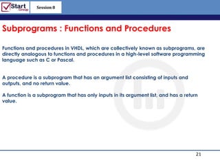 Session 8

                                                                    http://www.bized.co.uk


Subprograms : Functions and Procedures

Functions and procedures in VHDL, which are collectively known as subprograms, are
directly analogous to functions and procedures in a high-level software programming
language such as C or Pascal.


A procedure is a subprogram that has an argument list consisting of inputs and
outputs, and no return value.

A function is a subprogram that has only inputs in its argument list, and has a return
value.




                                                                                     21
                                                                        Copyright 2006 – Biz/ed
 