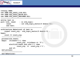 Session 9

                                                           http://www.bized.co.uk


library IEEE;
use IEEE.STD_LOGIC_1164.ALL;
use IEEE.STD_LOGIC_ARITH.ALL;
use IEEE.STD_LOGIC_UNSIGNED.ALL;
--------------------------------------------
entity test is
port (clk, reset    : in std_logic;
      count         : out std_logic_vector(3 downto 0));
      end test;
--------------------------------------------
architecture Behavioral of test is
    signal count_sig : std_logic_vector(3 downto 0) ;
begin
    count <= count_sig;
 ---------------------
 process(clk,reset)
 begin   if(reset='1') then
                 count_sig <=(others => '0');
         elsif(clk'event and clk='1') then
                 count_sig <= count_sig +'1';
         end if;
 end process;
 ----------------------
 end Behavioral;
                                                                           32
                                                              Copyright 2006 – Biz/ed
 