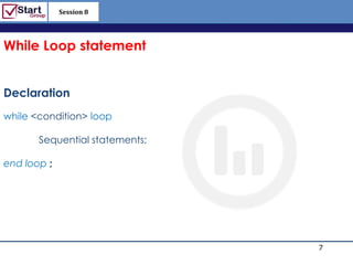 Session 8

                                http://www.bized.co.uk


While Loop statement


Declaration
while <condition> loop

       Sequential statements;

end loop ;




                                                 7
                                   Copyright 2006 – Biz/ed
 