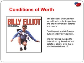 Conditions of Worth
               The conditions we must meet
               as children in order to gain love
               and affection from our parents
               and carers.

               Conditions of worth influence
               our personality development.

               We may end up living a life
               determined by the values and
               beliefs of others, a life that is
               inhibited and closed off.
 