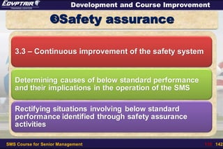 SMS Course for Senior Management 110 / 142
Development and Course Improvement
Safety assurance
3.3 – Continuous improvement of the safety system
Determining causes of below standard performance
and their implications in the operation of the SMS
Rectifying situations involving below standard
performance identified through safety assurance
activities
 
