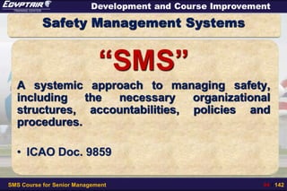 SMS Course for Senior Management 94 / 142
Development and Course Improvement
“SMS”
A systemic approach to managing safety,
including the necessary organizational
structures, accountabilities, policies and
procedures.
• ICAO Doc. 9859
Safety Management Systems
 