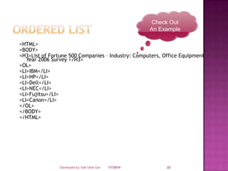 Check Out
An Example
<HTML>
<BODY>
<H3>List of Fortune 500 Companies – Industry: Computers, Office Equipment
Year 2006 Survey </H3>
<OL>
<LI>IBM</LI>
<LI>HP</LI>
<LI>Dell</LI>
<LI>NEC</LI>
<LI>Fujitsu</LI>
<LI>Canon</LI>
</OL>
</BODY>
</HTML>

Developed by: Saif Ullah Dar

1/7/2014

22

 