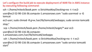 Let’s configure the build job to execute deployment of WAR file in AWS instance
by executing following command:
ssh -i /home/mitesh/book.pem -o StrictHostKeyChecking=no -t -t ec2-
user@ec2-52-90-116-36.compute-1.amazonaws.com "sudo usermod -a -G
tomcat
ec2-user; sudo chmod -R g+w /var/lib/tomcat6/webapps; sudo service tomcat6
stop;"
scp -i /home/mitesh/book.pem /home/mitesh/target/*.war ec2-
user@ec2-52-90-116-36.compute-
1.amazonaws.com:/var/lib/tomcat6/webapps
ssh -i /home/mitesh/book.pem -o StrictHostKeyChecking=no -t -t ec2-
user@ec2-52-90-116-36.compute-1.amazonaws.com "sudo service tomcat6
start"
 
