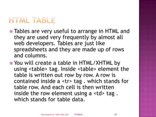  Tables

are very useful to arrange in HTML and
they are used very frequently by almost all
web developers. Tables are just like
spreadsheets and they are made up of rows
and columns.
 You will create a table in HTML/XHTML by
using <table> tag. Inside <table> element the
table is written out row by row. A row is
contained inside a <tr> tag . which stands for
table row. And each cell is then written
inside the row element using a <td> tag .
which stands for table data.
Developed by: Saif Ullah Dar

1/7/2014

16

 