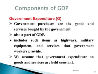 8/13/2022
11
Government Expenditure (G)
 Government purchases are the goods and
services bought by the government.
 also a part of GDP.
 includes such items as highways, military
equipment, and services that government
workers provide.
 We assume that government expenditure on
goods and services are held constant.
 