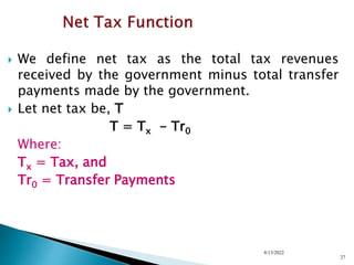  We define net tax as the total tax revenues
received by the government minus total transfer
payments made by the government.
 Let net tax be, T
T = Tx - Tr0
Where:
Tx = Tax, and
Tr0 = Transfer Payments
8/13/2022
27
 