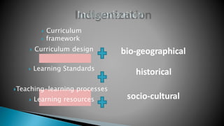 bio-geographical
historical
socio-cultural
 Curriculum
 framework
 Curriculum design
 Learning Standards
Teaching-learning processes
 Learning resources
 