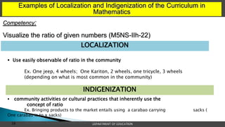 Examples of Localization and Indigenization of the Curriculum in
Mathematics
DEPARTMENT OF EDUCATION
38 | School Heads’ Development Program: FOUNDATIONAL COURSE | MODULE 1
LOCALIZATION
INDIGENIZATION
Competency:
Visualize the ratio of given numbers (M5NS-IIh-22)
 Use easily observable of ratio in the community
Ex. One jeep, 4 wheels; One Kariton, 2 wheels, one tricycle, 3 wheels
(depending on what is most common in the community)
 community activities or cultural practices that inherently use the
concept of ratio
Ex. Bringing products to the market entails using a carabao carrying sacks (
One carabao is to x sacks)
 
