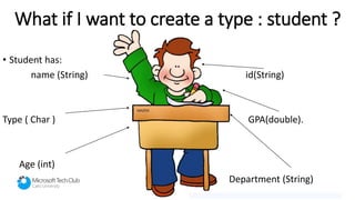 What if I want to create a type : student ?
• Student has:
name (String) id(String)
Type ( Char ) GPA(double).
Age (int)
Department (String)
 