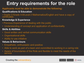 Entry requirements for the role
Applicants must be able to demonstrate the following:
Qualifications & Education
• Grade C/Grade 4-9/Level 2 Mathematics/English and have a copy of
certificates
Knowledge & Experience
• Previous Experience of dealing with the public
• Understanding of concept and application of confidentiality
Skills & Abilities
• Good written and verbal communication skills
• Organisational skills
• Ability to use initiative
Values & Behaviours
• Empathetic, enthusiastic and positive
• Able to work as part of a team and committed to working in a caring role
• Aware of boundaries of the Role and flexible to meet the needs of the
service
 