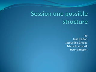 Session one possible structure By  Julie Railton Jacqueline Greene Michelle Ames &  Barry Simpson 