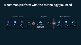 A common platform with the technology you need
Application services
Azure
Kubernetes
Service
Azure
App Service
Azure
Container
Apps
Azure
Functions
AI portfolio
Azure AI Services
(including Azure
OpenAI Service)
Azure
AI Studio
Managed databases
Azure
SQL family
Azure
PostgreSQL
Azure
Cosmos DB
 