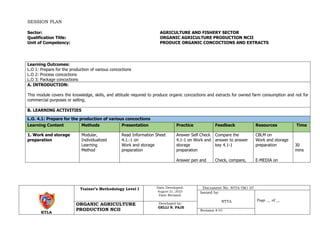 KTLA
Trainer’s Methodology Level I Date Developed:
August 21, 2023
Date Revised:
Document No. NTTA-TM1-07
Issued by:
NTTA Page __ of __
ORGANIC AGRICULTURE
PRODUCTION NCII
Developed by:
GELLI N. PAJE
Revision # 01
SESSION PLAN
Sector: AGRICULTURE AND FISHERY SECTOR
Qualification Title: ORGANIC AGRICULTURE PRODUCTION NCII
Unit of Competency: PRODUCE ORGANIC CONCOCTIONS AND EXTRACTS
Learning Outcomes:
L.O 1: Prepare for the production of various concoctions
L.O 2: Process concoctions
L.O 3: Package concoctions
A. INTRODUCTION:
This module covers the knowledge, skills, and attitude required to produce organic concoctions and extracts for owned farm consumption and not for
commercial purposes or selling.
B. LEARNING ACTIVITIES
L.O. 4.1: Prepare for the production of various concoctions
Learning Content Methods Presentation Practice Feedback Resources Time
1. Work and storage
preparation
Modular,
Individualized
Learning
Method
Read Information Sheet
4.1.-1 on
Work and storage
preparation
Answer Self Check
4.1-1 on Work and
storage
preparation
Answer pen and
Compare the
answer to answer
key 4.1-1
Check, compare,
CBLM on
Work and storage
preparation
E-MEDIA on
30
mins
 