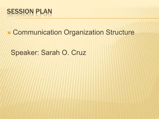 SESSION PLAN

   Communication Organization Structure

 Speaker: Sarah O. Cruz
 