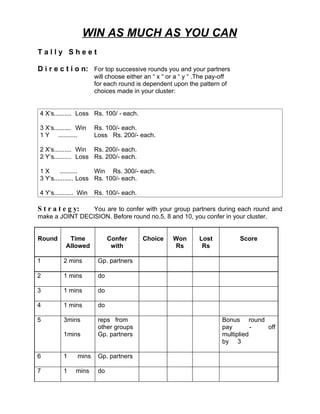 WIN AS MUCH AS YOU CAN
Tally Sheet

D i r e c t i o n: For top successive rounds you and your partners
                       will choose either an “ x “ or a “ y “ .The pay-off
                       for each round is dependent upon the pattern of
                       choices made in your cluster:


4 X‘s.......... Loss Rs. 100/ - each.

3 X‘s.......... Win    Rs. 100/- each.
1 Y ...........        Loss Rs. 200/- each.

2 X‘s.......... Win Rs. 200/- each.
2 Y‘s.......... Loss Rs. 200/- each.

1X      ..........    Win Rs. 300/- each.
3 Y‘s........... Loss Rs. 100/- each.

4 Y‘s........... Win   Rs. 100/- each.

S t r a t e g y: You are to confer with your group partners during each round and
make a JOINT DECISION. Before round no.5, 8 and 10, you confer in your cluster.


Round      Time              Confer      Choice      Won       Lost          Score
          Allowed             with                   Rs         Rs

1        2 mins         Gp. partners

2        1 mins         do

3        1 mins         do

4        1 mins         do

5        3mins          reps from                                       Bonus round
                        other groups                                    pay        - off
         1mins          Gp. partners                                    multiplied
                                                                        by 3

6        1     mins     Gp. partners

7        1     mins     do
 