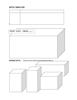 GIFTS I WISH FOR




I WILL BE A GIFT TO ........... BY



WITH LOVE           FROM ..........




PERSON GIFTS...... Persons who shared this programme with us.
 