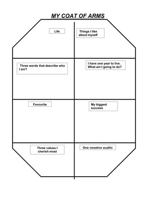 MY COAT OF ARMS

                       Life      Things I like
                                 about myself




                                       I have one year to live.
 Three words that describe who         What am I going to do?
I am?




         Favourite                       My biggest
                                         success




           Three values I          One negative quality
           cherish most
 