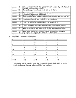 ...........    25.   Bring your conflicts into the open and face them directly, only then will
     .                    the best solution be discovered.
     ...........    26.   The best way of handling conflicts is to avoid them.
     .
     ............   27.   Put your foot down where you mean to stand.
     ............   28.   Gentleness will triumph over anger.
     ...........    29.   Getting part of what you want is better than not getting anything at all.
     .
     ...........    30.   Frankness, honesty and trust will move mountains.
     .
     ...........    31.   There is nothing so important you have to fight for it.
     .
     ...........    32.   There are two kinds of people in the world, the winner and losers.
     .
     ...........    33.   When one hits you with a stone, hit him/her with a piece of cotton.
     .
     ............   34.   When both people give in halfway, a fair settlement is achieved.
     ............   35.   By digging and digging, the truth will be discovered.

B.   SCORING: How do I Act in Conflict

     I                    II                III              IV                V
     1                    2                 3                4                 5
     6                    7                 8                9                 10
     11                   12                13               14                15
     16                   17                18               19                20
     21                   22                23               24                25
     26                   27                28               29                30
     31                   32                33               34                35
     Total                Tot               Tot              Tot               Tot

         The highest scored strategy is the one most used by us and the second highest
         one is our backup strategy, to be used if the first one fails.
 