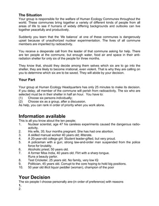 The Situation
Your group is responsible for the welfare of Human Ecology Communes throughout the
world. These communes bring together a variety of different kinds of people from all
areas of life to see if humans of widely differing backgrounds and outlooks can live
together peacefully and productively.

Suddenly you learn that the ‘life balance’ at one of these communes is dangerously
upset because of unauthorized nuclear experimentation. The lives of all commune
members are imperiled by radioactivity.

You receive a desperate call from the leader of that commune asking for help. There
are ten people at the commune, but enough water, food air and space in their anti-
radiation shelter for only six of the people for three months.

They know that, should they decide among them selves which six are to go into the
shelter, they are likely to become irrational, even violent. That is why they are calling on
you to determine which six are to be saved. They will abide by your decision.

Your Part

Your group at Human Ecology Headquarters has only 25 minutes to make its decision.
If you delay, all member of the commune will perish from radioactivity. The six who are
selected must be in their shelter in half an hour. You have to:
(1)    Choose six persons individually;
(2)    Choose six as a group, after a discussion.
As help, you can rank in order of priority when you work alone.


Information available
This is all you know about the ten people;
1.     Nuclear scientist, age 47 his careless experiments caused the dangerous radio-
       activity.
2.     His wife, 35; four months pregnant. She has had one abortion.
3.     A skilled manual worker 40 years old; illiterate.
4.     A 20-year-old college girl. Student leader-gifted, but very proud.
5.     A policeman with a gun; strong law-and-order man suspended from the police
       force for brutality.
6.     Alcoholic priest; 50 years old.
7.     A former Miss India, 40 years old. Flirt with a sharp tongue.
       Runs a beauty parlor.
8.     Test Cricketer, 25 years old. No family, very low IQ
9.     Politician, 45 years old. Corrupt to the core hoping to hold big positions.
10.    50 year old illicit liquor peddler (woman), champion of the poor


Your Decision
The six people I choose personally are-(in order of preference) with reasons
1.
2.
 