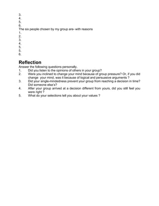 3.
4.
5.
6.
The six people chosen by my group are- with reasons
1.
2.
3.
4.
5.
5.
6.

Reflection
Answer the following questions personally.
1.   Did you listen to the opinions of others in your group?
2.   Were you inclined to change your mind because of group pressure? Or, if you did
     change your mind, was it because of logical and persuasive arguments ?
3.   Did your single-mindedness prevent your group from reaching a decision in time?
     Did someone else’s?
4.   After your group arrived at a decision different from yours, did you still feel you
     were right ?
5.   What do your selections tell you about your values ?
 