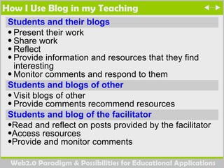 How I Use Blog in my Teaching Students and their blogs Present their work Share work  Reflect  Provide information and resources that they find interesting Monitor comments and respond to them Students and blogs of other   Visit blogs of other Provide comments recommend resources Students and blog of the facilitator Read and reflect on posts provided by the facilitator Access resources Provide and monitor comments 