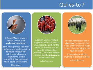 Qui es-tu ? 
A ScrumMaster’s role is 
similar to that of an 
orchestra conductor. 
Both must provide real-time 
guidance and leadership to a 
talented collection of 
individuals who come 
together to create 
something that no one of 
them could create alone. 
Mike Cohn 
A Scrum Master really is 
supposed to be the person 
who clears the path for the 
team so they can run as 
close to full speed as 
possible. The Scrum Master 
is sort of like the pit crew for 
a race car driver. 
John Sonmez 
The ScrumMaster is like a 
sheepdog, nipping at the 
heels of the sheep in order 
to keep them moving in the 
right direction. 
A sheepdog would do 
anything to protect its flock. 
scrumplop.org 
 