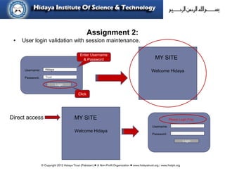 © Copyright 2012 Hidaya Trust (Pakistan) ● A Non-Profit Organization ● www.hidayatrust.org / www,histpk.org
Assignment 2:
• User login validation with session maintenance.
Username:
Password:
Hidaya
Trust
Login
Enter Username
& Password
Click
Welcome Hidaya
MY SITE
Direct access
Welcome Hidaya
MY SITE
Username:
Password:
Login
Please Login First.
 