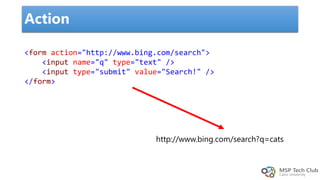 Action
<form action="http://www.bing.com/search">
<input name="q" type="text" />
<input type="submit" value="Search!" />
</form>
http://www.bing.com/search?q=cats
 