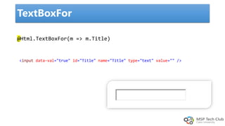 TextBoxFor
@Html.TextBoxFor(m => m.Title)
<input data-val="true" id="Title" name="Title" type="text" value="" />
 