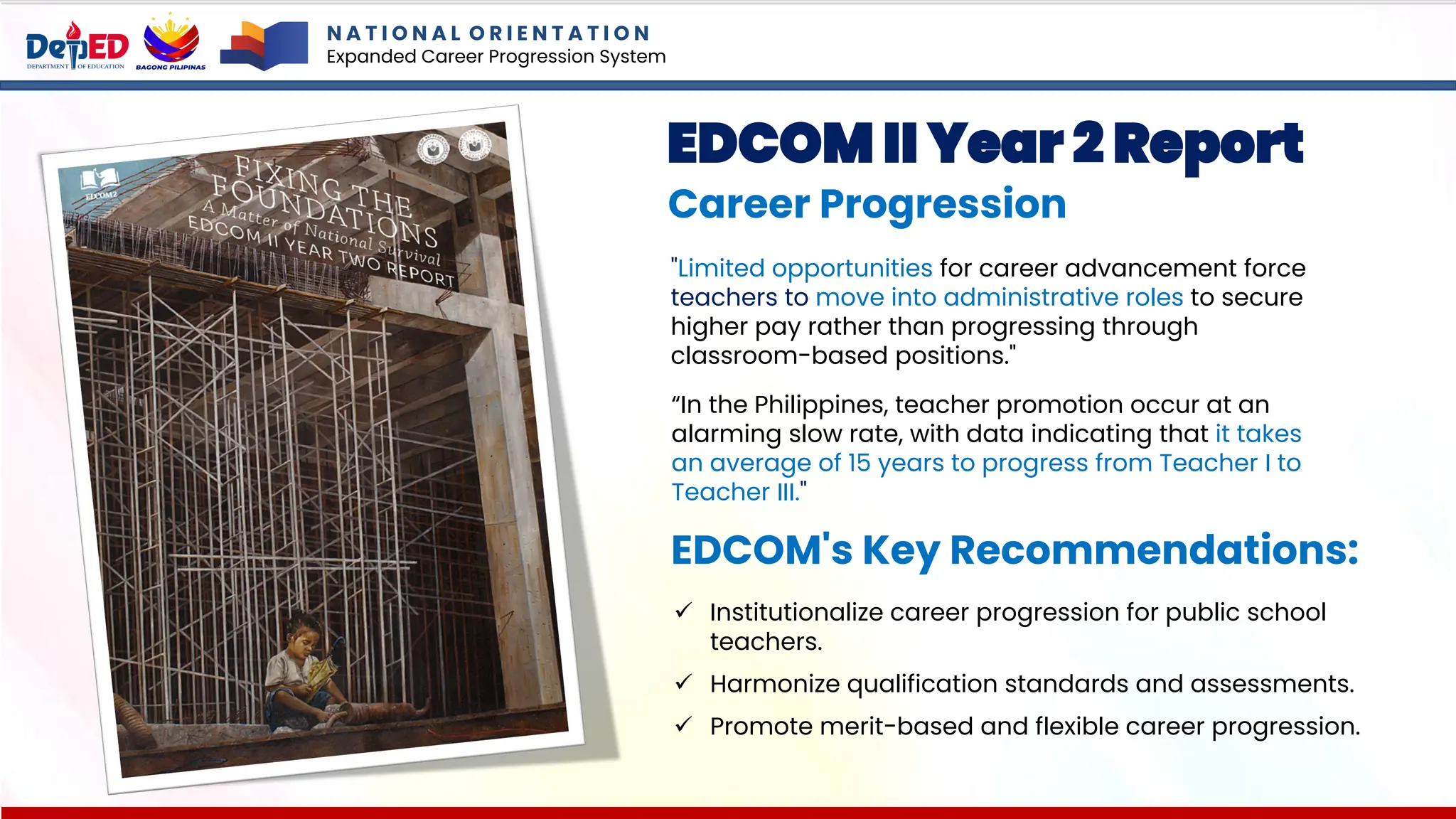 EDCOM II Year 2 Report
Career Progression
"Limited opportunities for career advancement force
teachers to move into administrative roles to secure
higher pay rather than progressing through
classroom-based positions."
“In the Philippines, teacher promotion occur at an
alarming slow rate, with data indicating that it takes
an average of 15 years to progress from Teacher I to
Teacher III."
EDCOM's Key Recommendations:
✓ Institutionalize career progression for public school
teachers.
✓ Harmonize qualification standards and assessments.
✓ Promote merit-based and flexible career progression.
N A T I O N A L O R I E N T A T I O N
Expanded Career Progression System
 