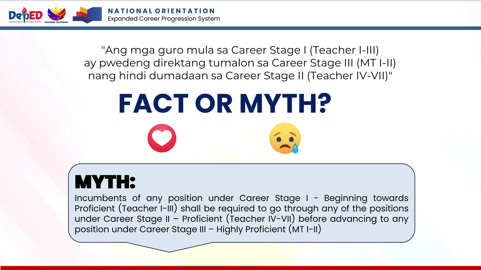 N A T I O N A L O R I E N T A T I O N
Expanded Career Progression System
FACT OR MYTH?
"Ang mga guro mula sa Career Stage I (Teacher I-III)
ay pwedeng direktang tumalon sa Career Stage III (MT I-II)
nang hindi dumadaan sa Career Stage II (Teacher IV-VII)"
MYTH:
Incumbents of any position under Career Stage I - Beginning towards
Proficient (Teacher I-III) shall be required to go through any of the positions
under Career Stage II – Proficient (Teacher IV-VII) before advancing to any
position under Career Stage III – Highly Proficient (MT I-II)
 