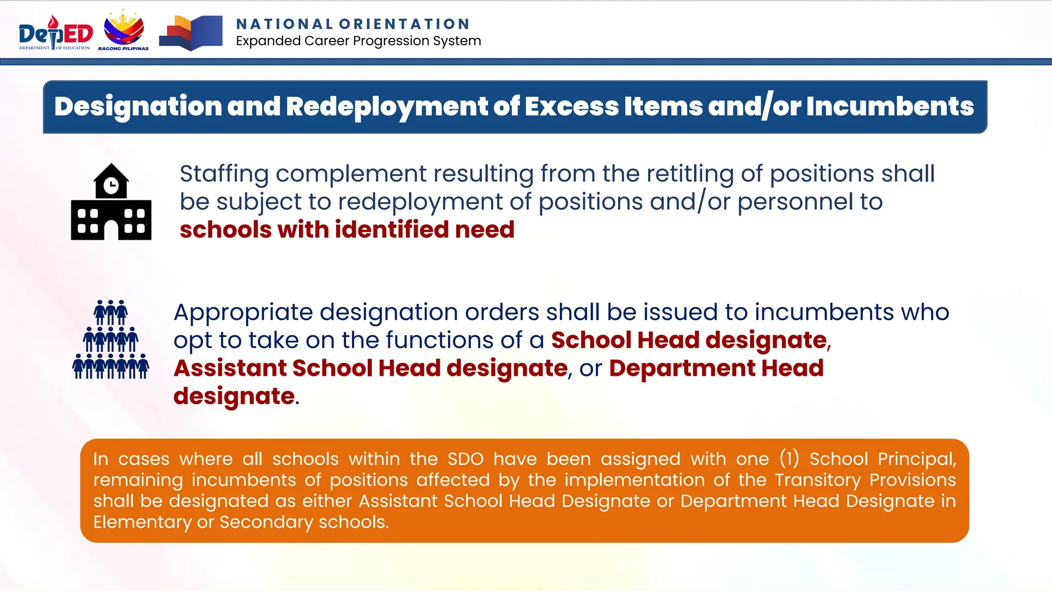 Designation and Redeployment of Excess Items and/or Incumbents
Appropriate designation orders shall be issued to incumbents who
opt to take on the functions of a School Head designate,
Assistant School Head designate, or Department Head
designate.
Staffing complement resulting from the retitling of positions shall
be subject to redeployment of positions and/or personnel to
schools with identified need
In cases where all schools within the SDO have been assigned with one (1) School Principal,
remaining incumbents of positions affected by the implementation of the Transitory Provisions
shall be designated as either Assistant School Head Designate or Department Head Designate in
Elementary or Secondary schools.
N A T I O N A L O R I E N T A T I O N
Expanded Career Progression System
 