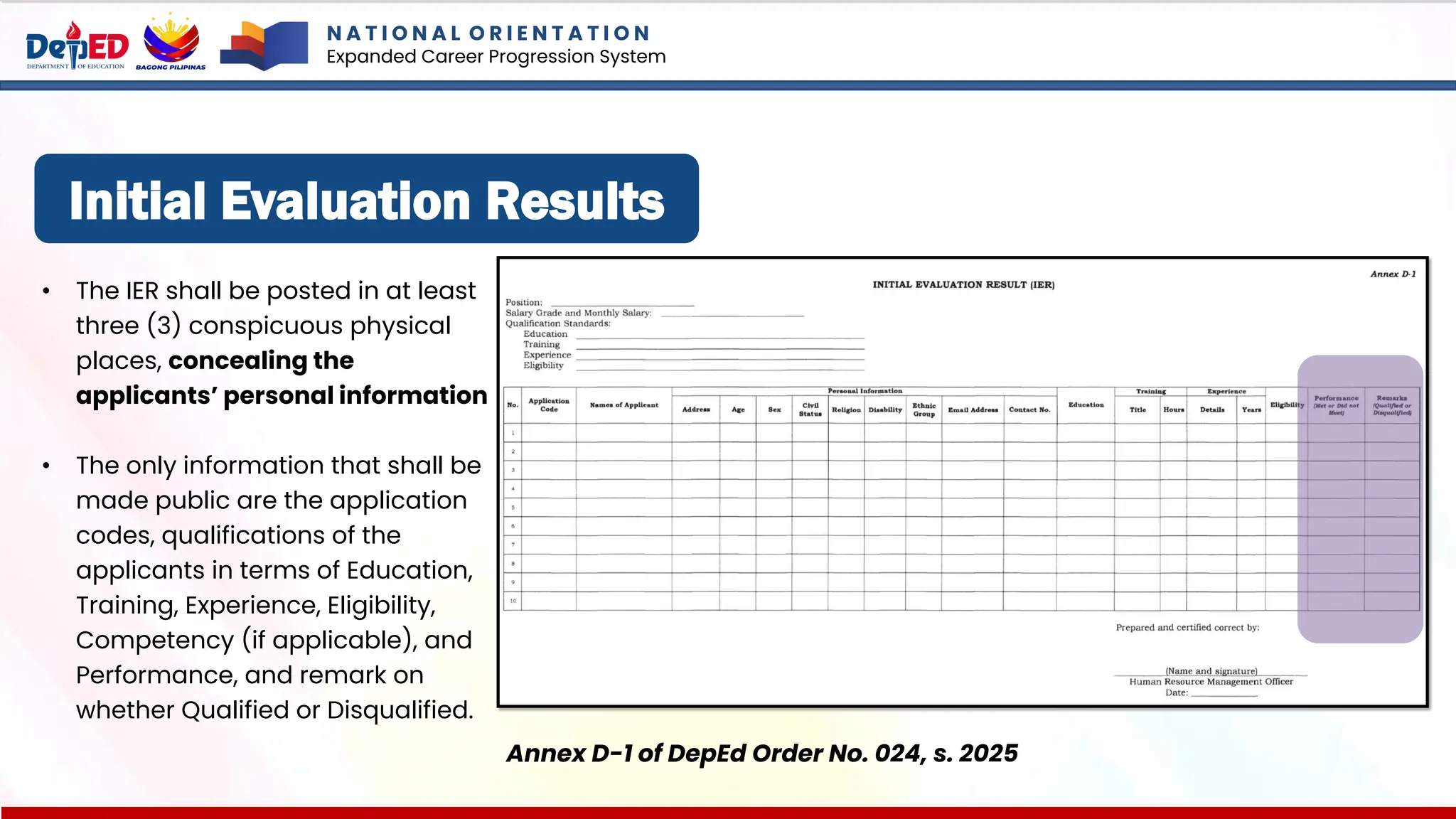 Initial Evaluation Results
Annex D-1 of DepEd Order No. 024, s. 2025
• The IER shall be posted in at least
three (3) conspicuous physical
places, concealing the
applicants’ personal information
• The only information that shall be
made public are the application
codes, qualifications of the
applicants in terms of Education,
Training, Experience, Eligibility,
Competency (if applicable), and
Performance, and remark on
whether Qualified or Disqualified.
N A T I O N A L O R I E N T A T I O N
Expanded Career Progression System
 