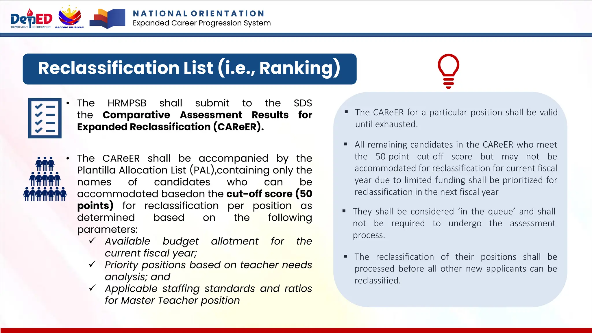 Reclassification List (i.e., Ranking)
▪ The CAReER for a particular position shall be valid
until exhausted.
• The HRMPSB shall submit to the SDS
the Comparative Assessment Results for
Expanded Reclassification (CAReER).
• The CAReER shall be accompanied by the
Plantilla Allocation List (PAL),containing only the
names of candidates who can be
accommodated basedon the cut-off score (50
points) for reclassification per position as
determined based on the following
parameters:
✓ Available budget allotment for the
current fiscal year;
✓ Priority positions based on teacher needs
analysis; and
✓ Applicable staffing standards and ratios
for Master Teacher position
▪ All remaining candidates in the CAReER who meet
the 50-point cut-off score but may not be
accommodated for reclassification for current fiscal
year due to limited funding shall be prioritized for
reclassification in the next fiscal year
▪ They shall be considered ‘in the queue’ and shall
not be required to undergo the assessment
process.
▪ The reclassification of their positions shall be
processed before all other new applicants can be
reclassified.
N A T I O N A L O R I E N T A T I O N
Expanded Career Progression System
 