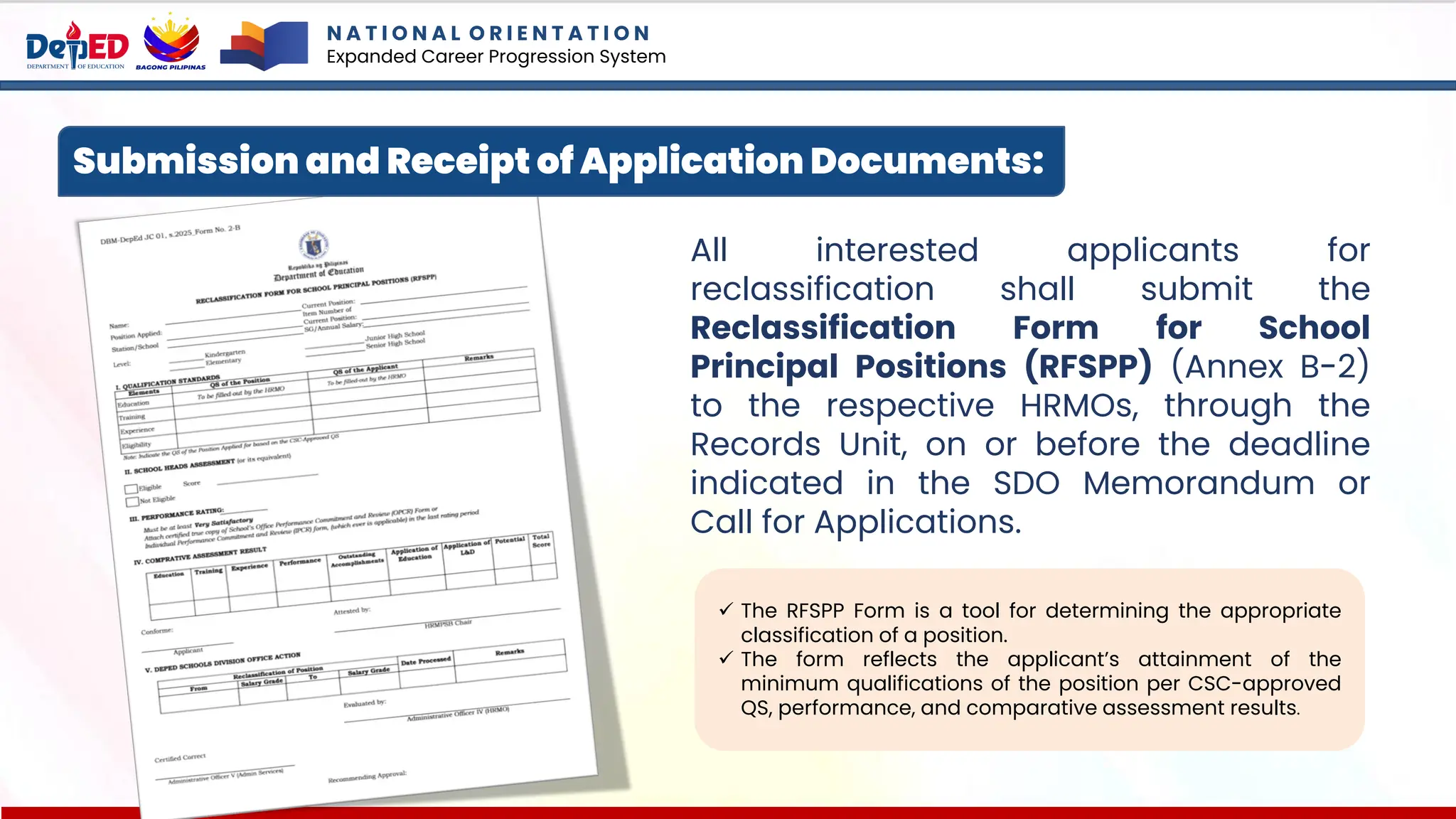 N A T I O N A L O R I E N T A T I O N
Expanded Career Progression System
All interested applicants for
reclassification shall submit the
Reclassification Form for School
Principal Positions (RFSPP) (Annex B-2)
to the respective HRMOs, through the
Records Unit, on or before the deadline
indicated in the SDO Memorandum or
Call for Applications.
✓ The RFSPP Form is a tool for determining the appropriate
classification of a position.
✓ The form reflects the applicant’s attainment of the
minimum qualifications of the position per CSC-approved
QS, performance, and comparative assessment results.
Submission and Receipt of Application Documents:
 