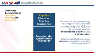 Rubrics for
Computation of
Education,
Training, and
Experience
Based on the
Qualification
Standards
30 points
Education
Training
Experience
The points for ETE, corresponding
to the applicant’s qualifications
exceeding the QS, shall
be computed using the
Increments Table and the
ETE Rubrics.
Only those qualifications that are
relevant to the position to be filled
shall be given points.
N A T I O N A L O R I E N T A T I O N
Expanded Career Progression System
 