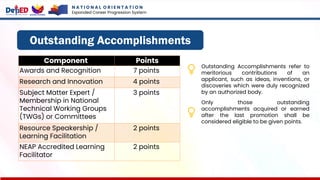Outstanding Accomplishments
Component Points
Awards and Recognition 7 points
Research and Innovation 4 points
Subject Matter Expert /
Membership in National
Technical Working Groups
(TWGs) or Committees
3 points
Resource Speakership /
Learning Facilitation
2 points
NEAP Accredited Learning
Facilitator
2 points
Outstanding Accomplishments refer to
meritorious contributions of an
applicant, such as ideas, inventions, or
discoveries which were duly recognized
by an authorized body.
Only those outstanding
accomplishments acquired or earned
after the last promotion shall be
considered eligible to be given points.
N A T I O N A L O R I E N T A T I O N
Expanded Career Progression System
 