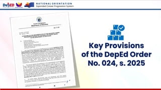 Key Provisions
of the DepEd Order
No. 024, s. 2025
N A T I O N A L O R I E N T A T I O N
Expanded Career Progression System
 