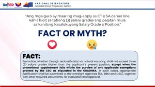 N A T I O N A L O R I E N T A T I O N
Expanded Career Progression System
FACT OR MYTH?
"Ang mga guro ay maaring mag-apply sa CT o SA career line
kahit higit sa tatlong (3) salary grades ang pagitan mula
sa kanilang kasalukuyang Salary Grade o Position."
FACT:
Promotion, whether through reclassification or natural vacancy, shall not exceed three
(3) salary grades higher than the applicant’s present position, except when the
promotional appointment falls within the purview of any applicable exemptions
granted by the CSC as stipulated in the ORAOHRA. In such cases, appropriate
justification shall be submitted to the oversight agencies (i.e., DBM and CSC), together
with other required documents, for evaluation and approval.
 