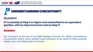 N A T I O N A L O R I E N T A T I O N
Expanded Career Progression System
UNDERSTANDING CHECKPOINT!
Question:
If I’m already at Step 2 or higher and reclassified to an equivalent
position, will my step increment reset to Step 1?
Answer:
No. Pursuant to Section 5.5 of DBM Budget Circular No. 2019-1, incumbents
of positions which were retitled shall continue to be paid at their present
salary rate, including step increment.
 