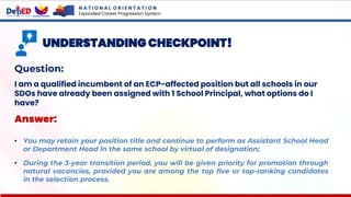 N A T I O N A L O R I E N T A T I O N
Expanded Career Progression System
UNDERSTANDING CHECKPOINT!
Question:
I am a qualified incumbent of an ECP-affected position but all schools in our
SDOs have already been assigned with 1 School Principal, what options do I
have?
Answer:
• You may retain your position title and continue to perform as Assistant School Head
or Department Head in the same school by virtual of designation;
• During the 3-year transition period, you will be given priority for promotion through
natural vacancies, provided you are among the top five or top-ranking candidates
in the selection process.
 