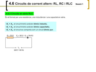 4.6 Circuits de corrent altern: RL, RC i RLC Sessió 1
4.6.3 Circuits en sèrie RLC
És el format per una resistència, una inductància i una capacitat en sèrie.
•XL > XC, el circuit tindrà caràcter òhmic inductiu.
•XL < XC, el circuit tindrà caràcter òhmic capacitatiu.
•XL = XC, el circuit es comporta com un circuit òhmic pur.
 