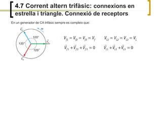 4.7 Corrent altern trifàsic: connexions en
estrella i triangle. Connexió de receptors
En un generador de CA trifàsic sempre es compleix que:
 